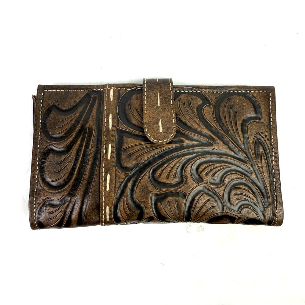 Leaders In Leather Wallet Handmade Tooled Wildflower‎ Design Brown Brand New